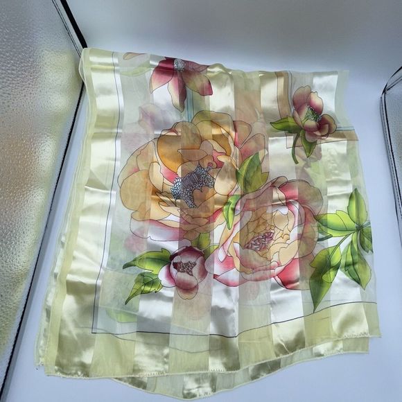 Silk Square Scarf Women 37 x 37 Inches Shawl Wrap floral Yellow - Picture 4 of 11